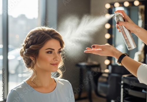 A beautiful girl in a beauty salon gets a chic hairstyle. Sprays with hairspray