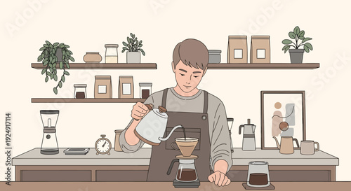 Barista pouring coffee in cafe with plants and equipment on shelves 71