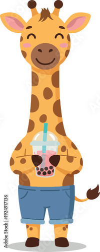 Cute Giraffe Character With Boba Tea Drink Wearing Blue Jeans