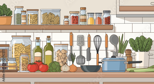 Kitchen countertop with cooking utensils and ingredients for 72-hour meal prep