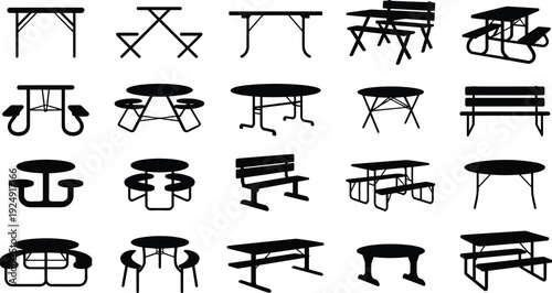 Outdoor picnic and park table silhouette collection with benches, round patio tables and public seating furniture isolated on white background