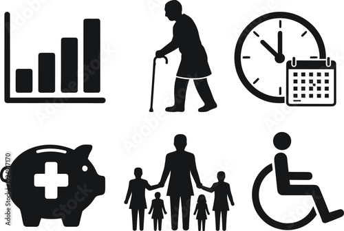 A collection of black icons representing healthcare and social security