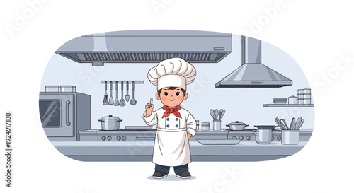 A cartoon chef in a modern kitchen preparing 4 dishes with various utensils and appliances.