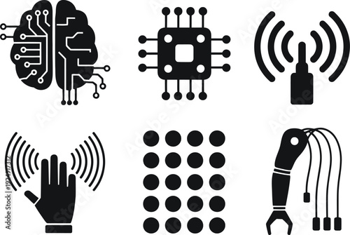 A collection of black and white technology icons on a clean background