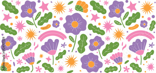 Colorful Spring Flower Seamless Pattern  Floral & Leaf Elements