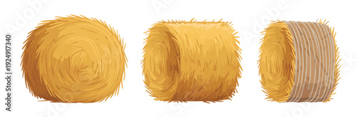 Straw Stacks, vector illustration collection featuring rolled hay bales, farm haycocks, dried agricultural stacks, rural and countryside elements, flat vector graphics ideal for farming, agriculture, 