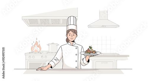 Female chef presenting a plate of food in a modern kitchen