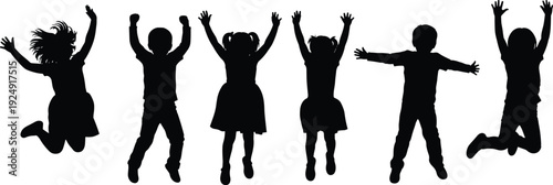 Silhouette of happy children jumping, kids playing together outdoors, joyful childhood moments, energetic active lifestyle, fun group activity illustration, black vector design.