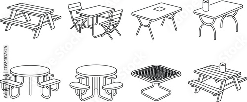 Outdoor picnic tables and patio dining set collection with benches and folding chairs isolated on white background for park and garden furniture design
