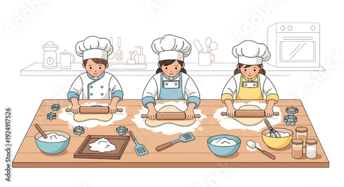 Three young chefs rolling dough on a kitchen table, surrounded by baking utensils and ingredients, in a modern kitchen setting, 30 style inspiration
