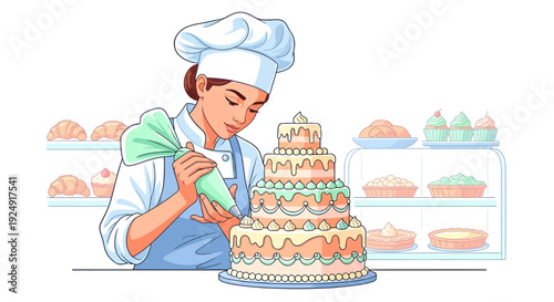 Female pastry chef decorating a multi-tiered cake in a bakery with various pastries displayed on shelves in the background