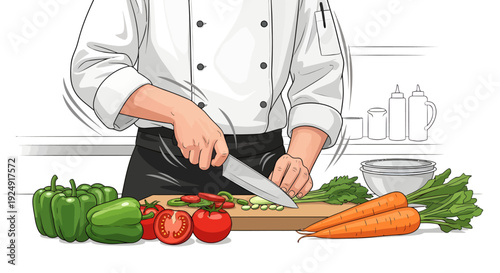 Chef cutting vegetables on a wooden board with carrots and tomatoes nearby