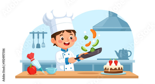 Young chef tossing vegetables in a kitchen with cake on counter near ingredients