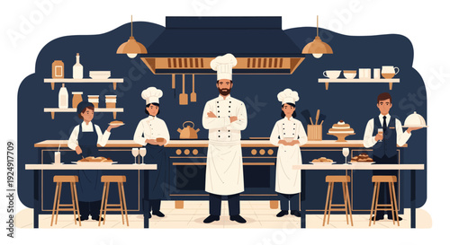 Chef and kitchen staff prepare food in a professional restaurant