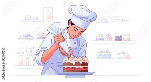 A chef in a white uniform decorating a large chocolate cake with cream frosting in a bakery.