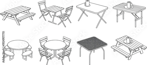 Picnic table and outdoor dining furniture collection with folding chairs and round park tables isolated on white background for patio and garden design
