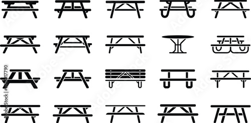 Picnic table silhouette icon set with classic wooden park benches and outdoor dining tables isolated on white background for recreation and garden design