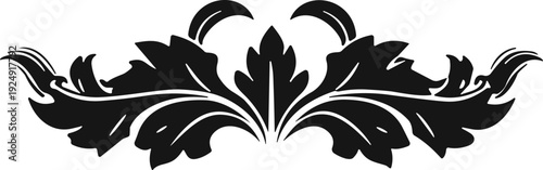 Solid silhouette vector illustration of ornamental floral motif, symmetrical leaves, decorative vines, elegant classical border design, artistic pattern
