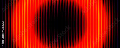 Vibrant glowing circular banner shines through vertical fractal glass. Rippled glass bends hot circular gradient light into rhythmic glowing lines with sense of depth and serenity for creative design