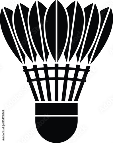 Stylized black silhouette of badminton shuttlecock, symbolizing racquet sport equipment, feathered design, athletic competition, and global recreation theme