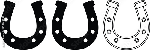 Stylized horseshoe vector illustration, solid silhouette and outlined design, decorative luck symbol artwork, equestrian icon concept