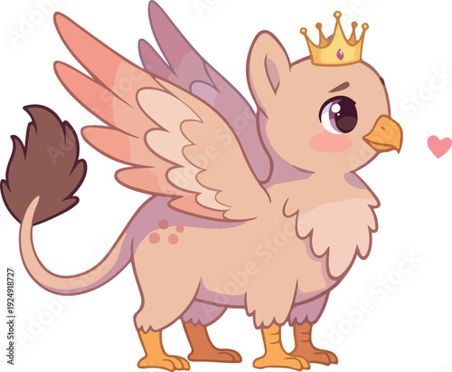 Cute Griffin Mythical Creature With Crown and Pink Wings Vector Art