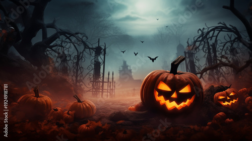 Halloween night, pumpkins, dark atmosphere
