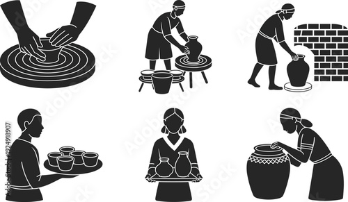 Traditional pottery artisan silhouette set with potter shaping clay on wheel, kiln firing process and handcrafted ceramic vessels isolated on white background
