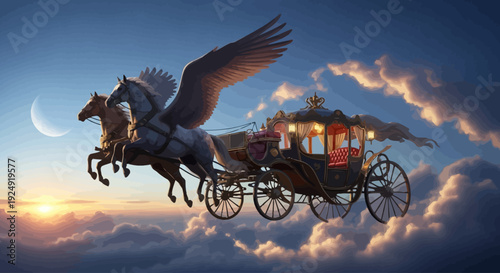 A majestic flying horse-drawn carriage soars through the sky with fluffy white clouds and a crescent moon at sunset.