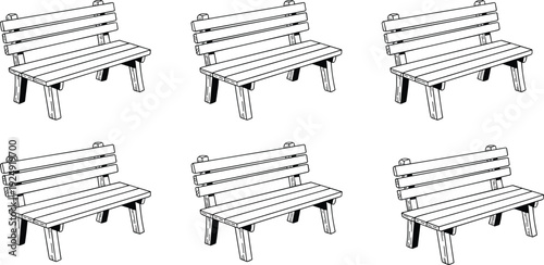 Wooden park bench line art set in perspective view with outdoor garden seating isolated on white background for landscape and urban design