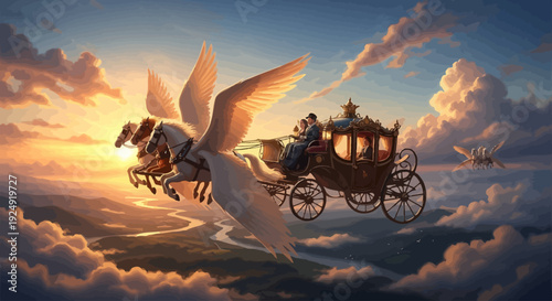 A majestic white bird soars alongside a flying horse-drawn carriage with people inside, set against a serene cloudy sky at sunset.