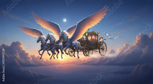 A majestic flying horse-drawn carriage soars through the sky with large wings, set against a serene sunset backdrop with clouds and a full moon.