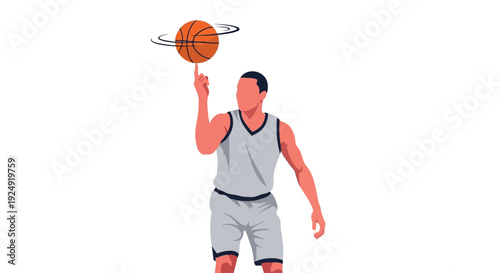 A faceless basketball player in a white uniform skillfully spins a basketball on his finger, with the ball stylized to resemble the planet Saturn.