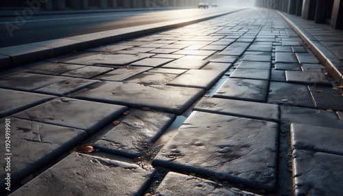 Reflection of the sunset on some cobblestones. Free space for writing. Sunlit cobblestone background.