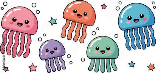 Cute Jellyfish Cartoon Icon Set  Smiling Colorful Marine Characters