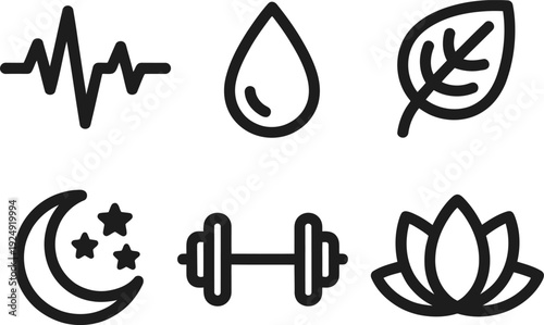 A set of six minimalist icons representing wellness and fitness concepts