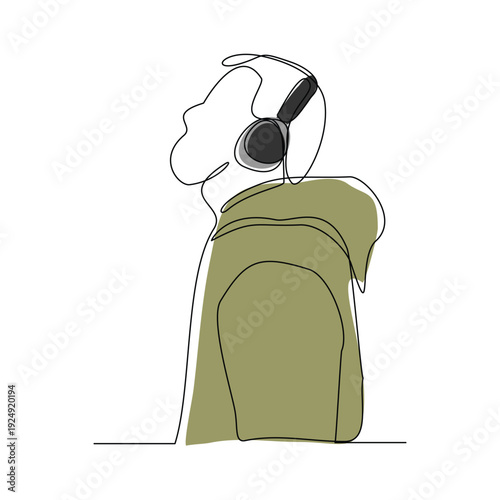 Continuous line sketch drawing of young man happy listening music melody on headphones earphone object technology entertainment vector illustration one single line editable stroke