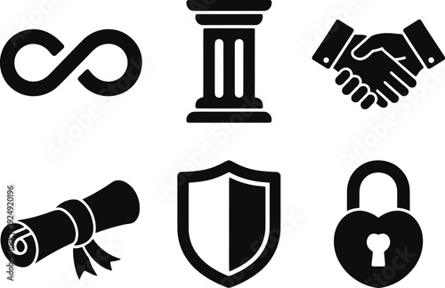 A set of black and white icons representing security and protection