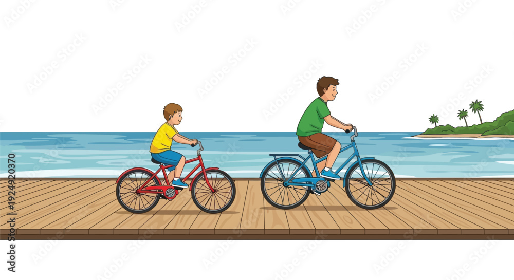 Fototapeta premium A man and a boy ride bicycles on a wooden boardwalk by the ocean with an island in the distance.