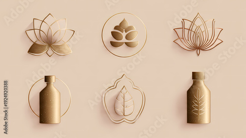 Elegant Golden 3D Icon Set for Natural Wellness and Beauty Products, Featuring Botanical Elements and Luxurious Branding Symbols