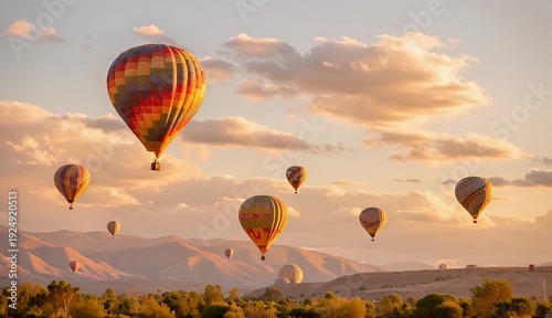 Colorful hot air balloons soaring gracefully across a vast scenic landscape during a breathtaking sunrise, offering an unforgettable aerial adventure over rolling hills and distant mountains