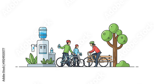 A family on bicycles stopping at an outdoor water dispenser to refill bottles, with a tree and bench in a park setting.