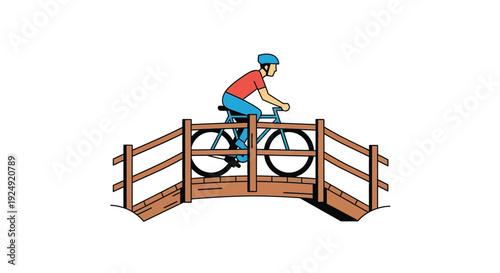 A simple illustration of a person riding a bicycle over a small wooden bridge with railings.