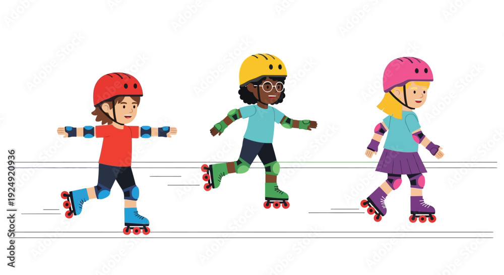 Fototapeta premium Three diverse children wearing helmets and protective gear roller skating together on a paved surface, enjoying a fun outdoor activity.