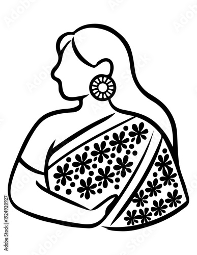 Elegant woman wearing a traditional sari with intricate floral patterns and a large earring