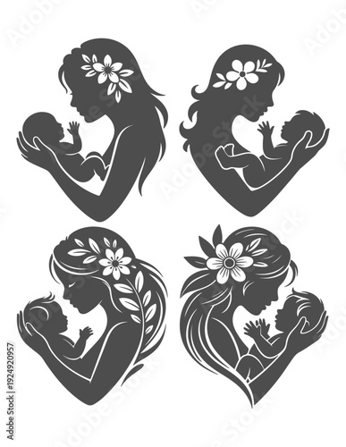 set of silhouettes of mothers and babies with floral 