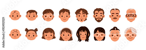 Avatars of male and female aging set. Funny portraits of babies, kids, young, adult and old men and women. Happy faces of smiling people. Flat isolated vector illustration on white background