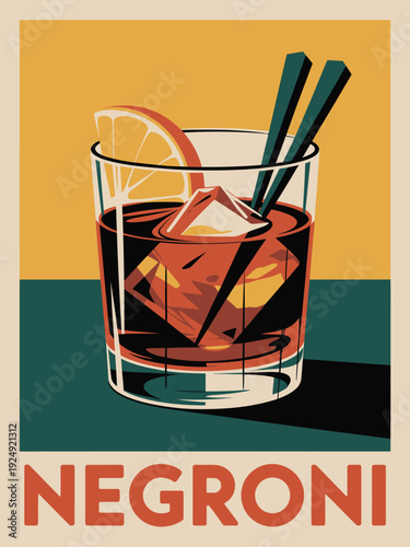 Cocktail art poster, retro Negroni drink illustration with clean lines and coral text design