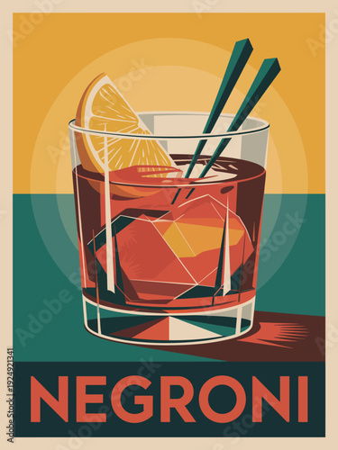 Negroni poster, vintage cocktail with coral colored typography and mid-century modern art