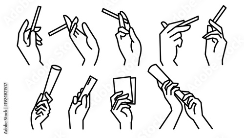 Series of black line illustrations of hands holding cigarettes, rolling papers and demonstrating smoking gestures. Clean outline set ideal for tutorials, icons, manuals, lifestyle or health awareness